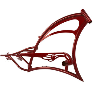 Tracer FM-SCORPION 26" chopper cruiser steel frame in red, showcasing sleek design for disc brake and coaster brake systems.