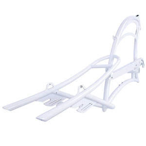 Tracer FM-SCORPION white oversized steel frame for chopper cruiser bicycle, showcasing sleek design and sturdy build.
