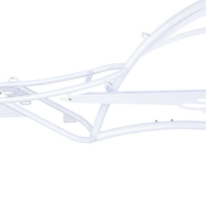 White steel frame of the Tracer FM-SCORPION 26" Stretch Chopper Cruiser showcasing its sleek design and durable construction.