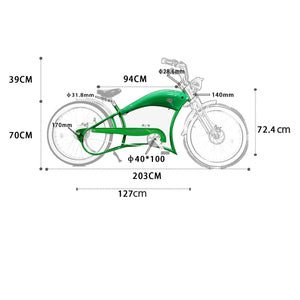 Tracer FM-Twenty5 E-bike 26'' Stretch Cruiser Steel Frame and Chain Guard for 26'' x3.0, 4.0 Tire, size details.