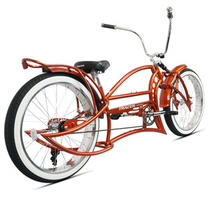 Rear view of Kraken Pro 26" Single Speed Stretch Chopper Cruiser Bicycle, highlighting the rear gear system and wheel with fat tire.