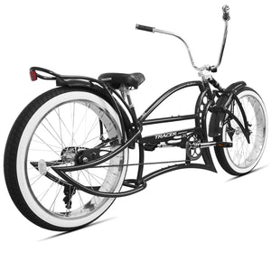 Rear view of the black Kraken Pro 26" Single Speed Stretch Beach Cruiser Bike showing off its strong frame and chunky rear tire.
