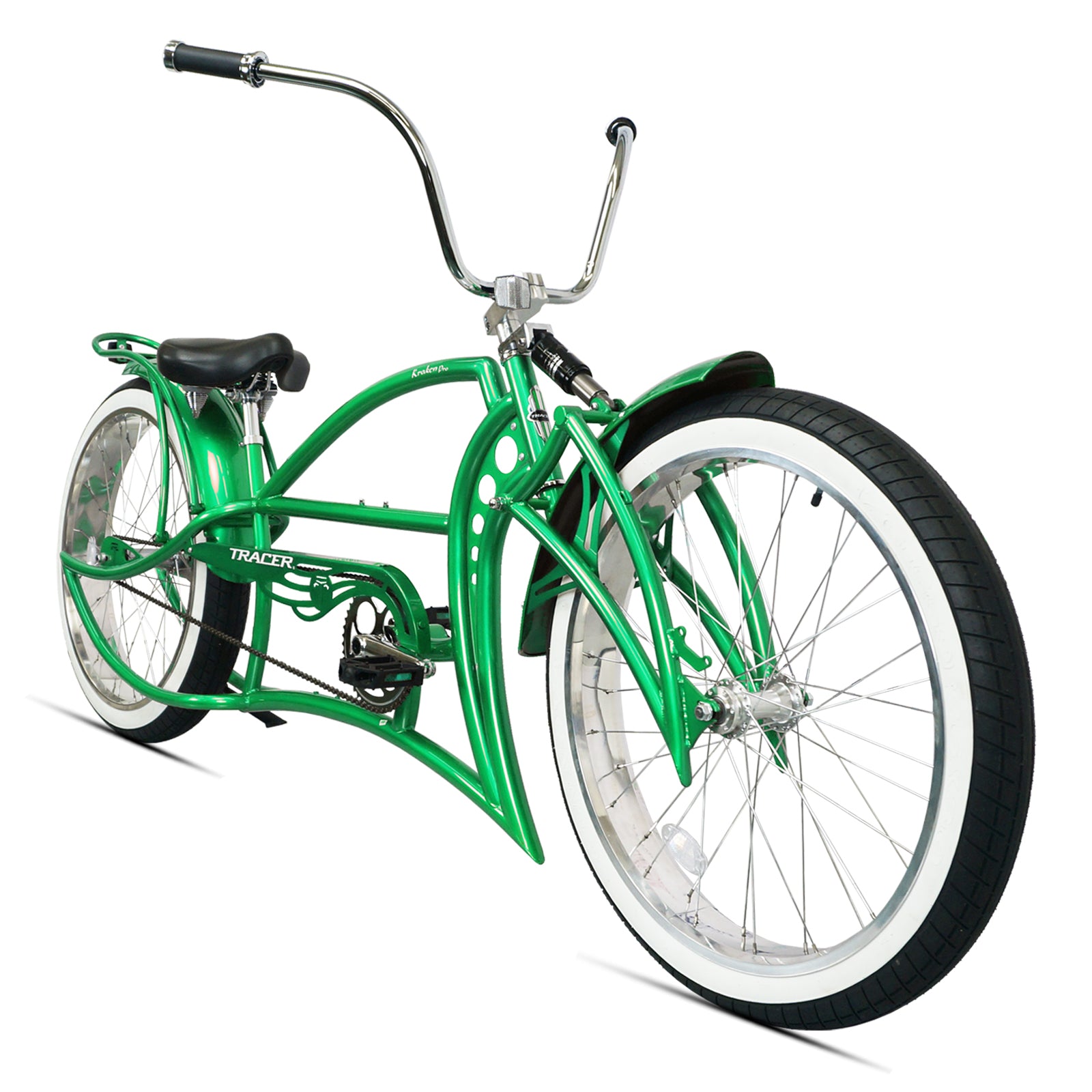 Full view of the green Kraken Pro 26" Single Speed Stretched Beach Cruiser Bike.