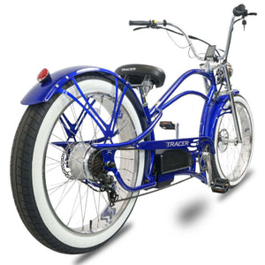 Rear view of the Legend GT7 1000W Stretch Cruiser Chopper Bike, highlighting the white rim and fat tire.