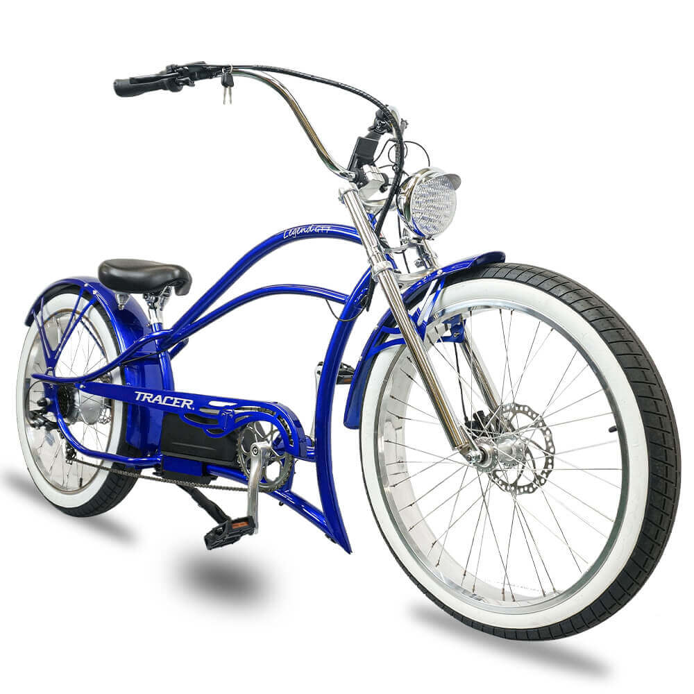 Front angle of the blue Legend GT7 1000W Stretch Cruiser Chopper Bike