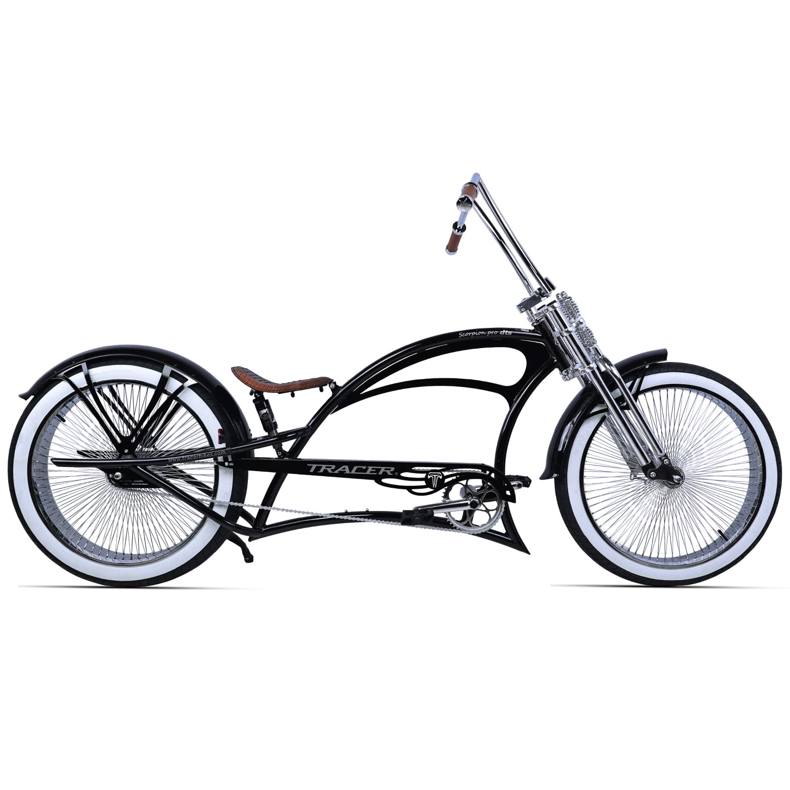 Tracer Scorpion Pro DTS 26" Stretch Chopper Cruiser Bicycle in black with retro design and white wall tires.
