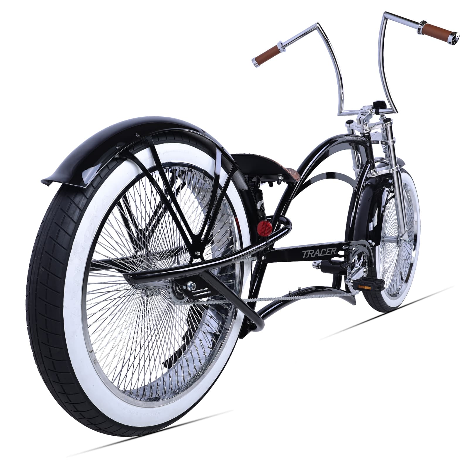 Scorpion Pro DTS 26” Stretch Chopper Cruiser Bicycle with oversized steel frame and retro white wall tires.