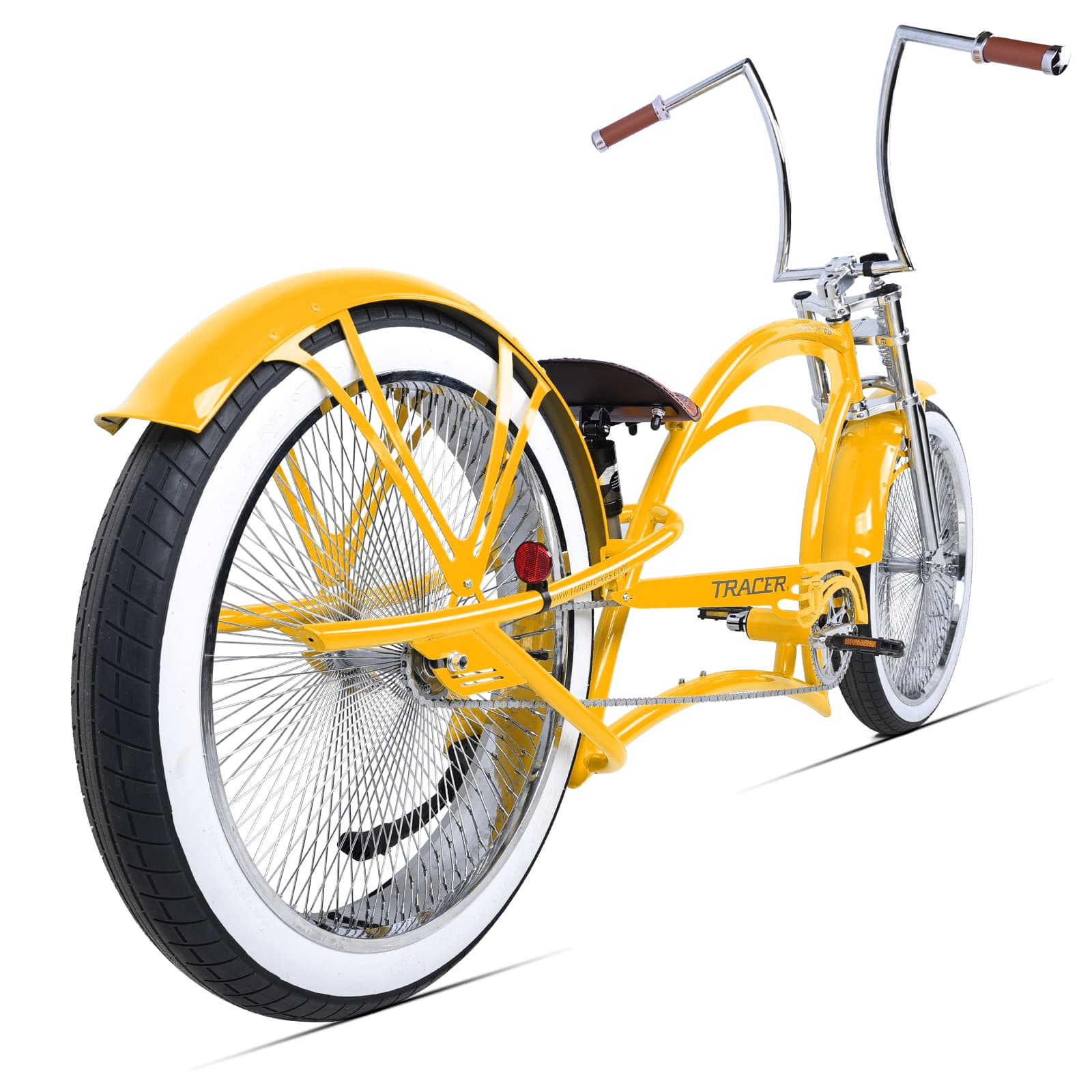 Scorpion Pro DTS 26” Stretch Chopper Cruiser Bicycle in yellow, featuring oversized steel frame and retro handlebar design.