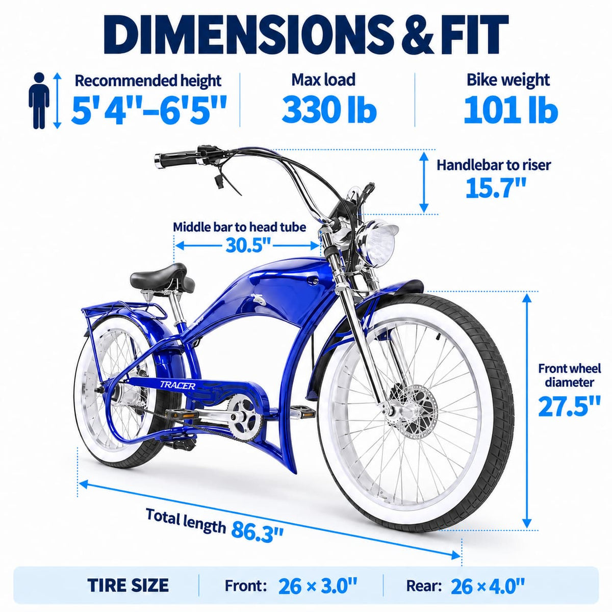 Twenty5 800W Chopper Stretch Cruiser Ebike Tracer Bikes