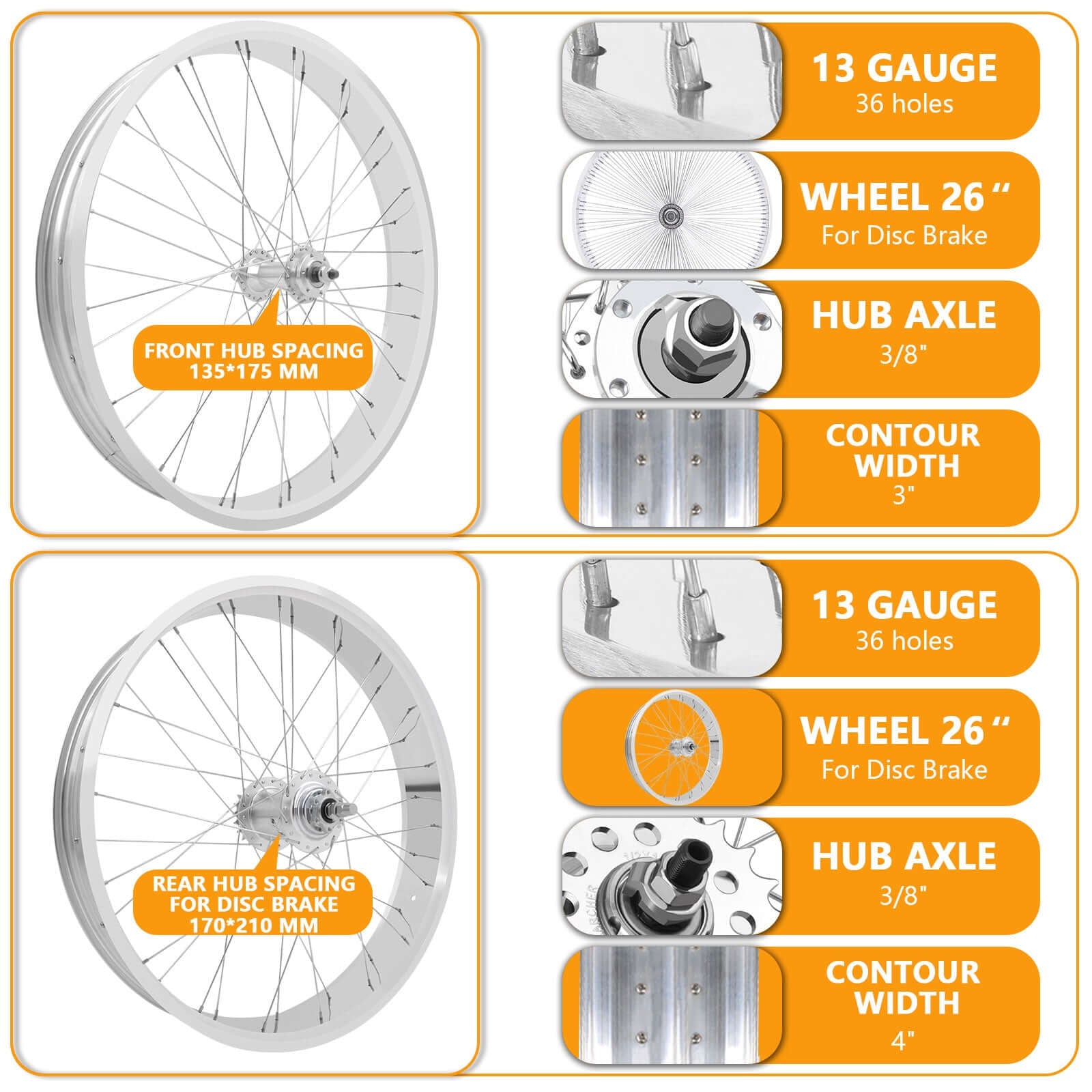 Tracer WH-TR952636RK3 3F/R Wheel Set 26"x4.0 Alloy Fat Rims Sturmey Archer SX-RK3 Inter 3-speed Tracer Bikes