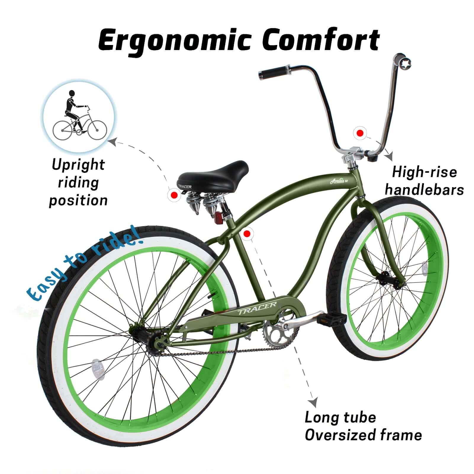 Tracer Avalon GT 29'' Fat Tire stretch Beach Cruiser Bike 1-Speed/7-Speed, designed with ergonomic comfort in mind.