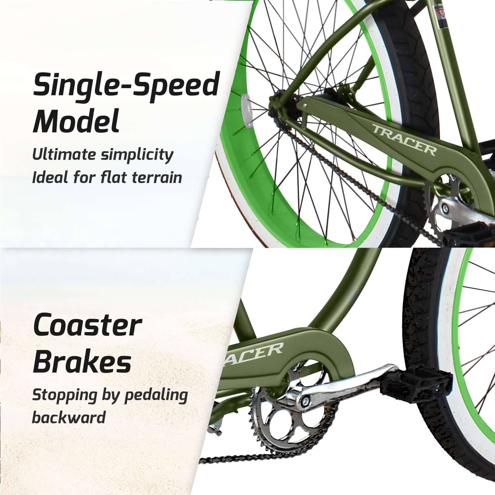 Tracer Avalon GT 29'' Fat Tire stretch Beach Cruiser Bike single speed diagram.