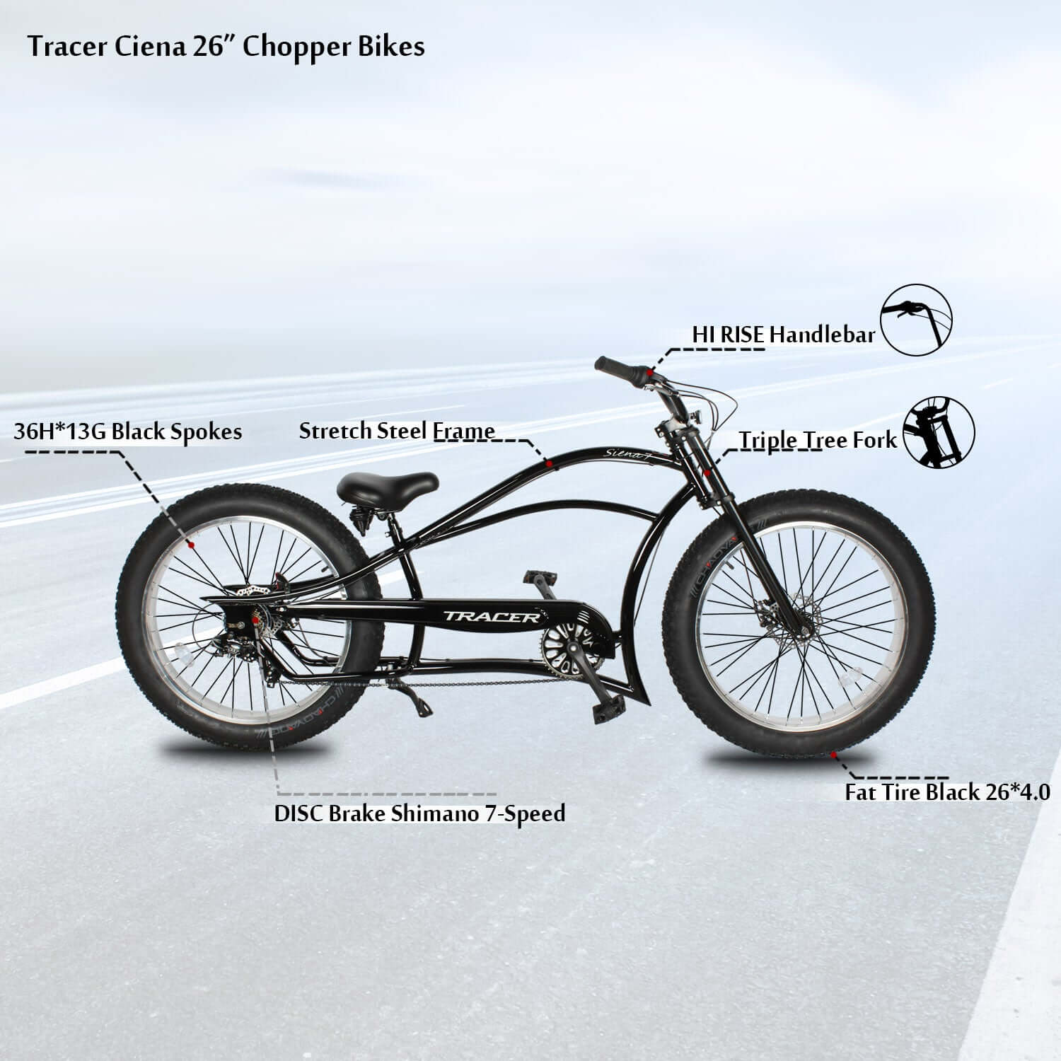Tracer Siena 26'' Fat Tire Chopper Bike parts introduction.