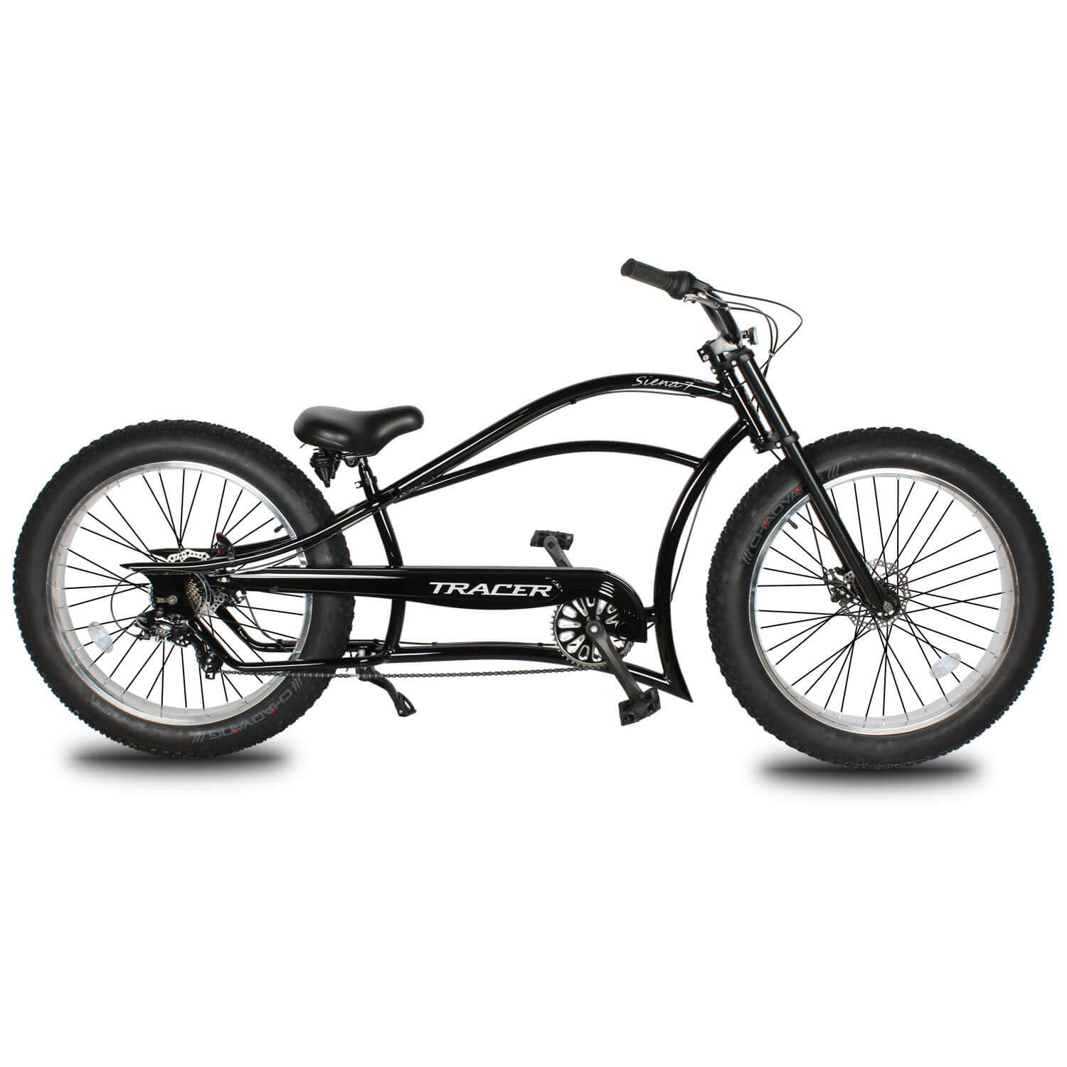 Side view of the Tracer Siena 26'' Stretched Beach Cruiser Bike,showcasing its chopper bike style design language.