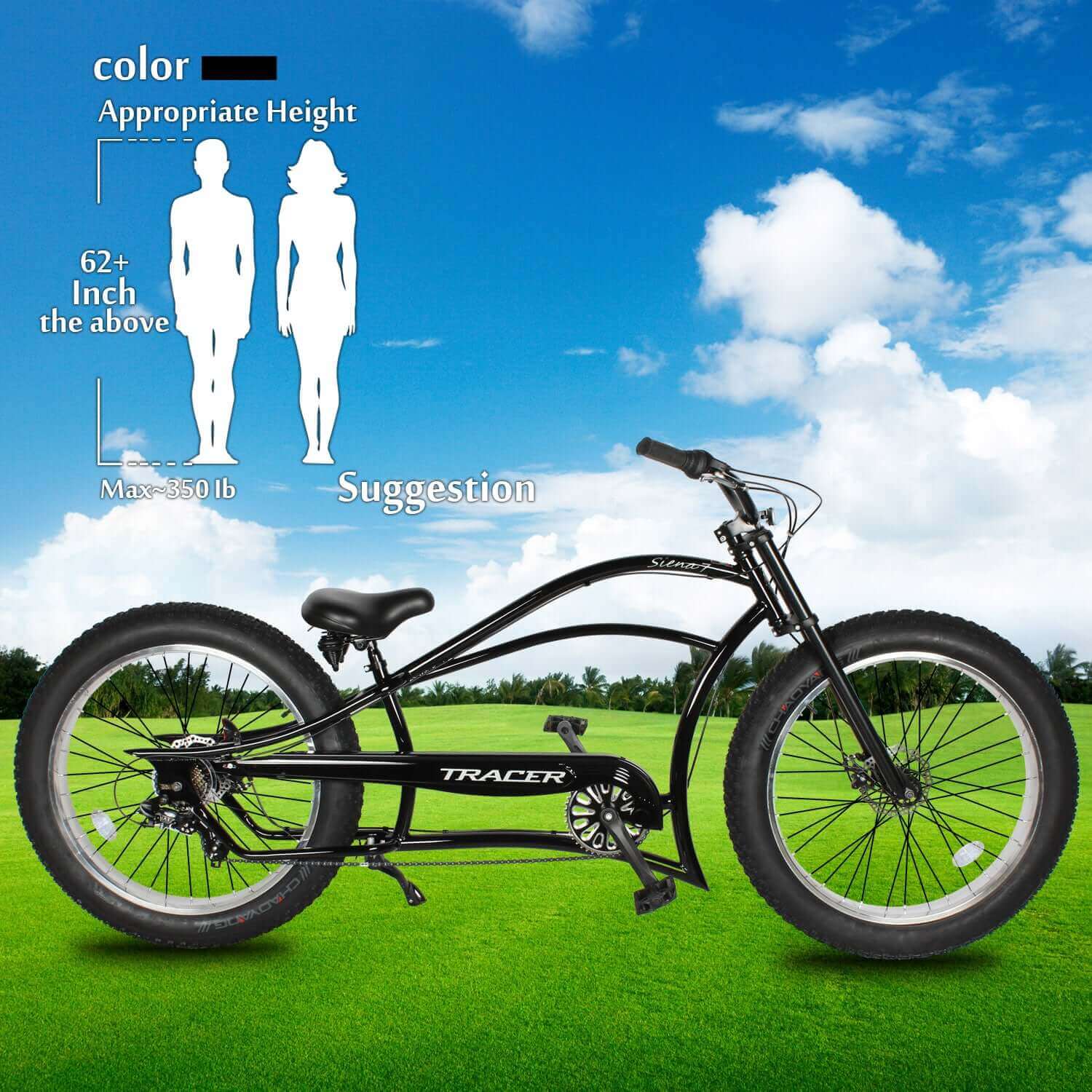 Tracer Siena 26'' Chopper Stretch Cruiser Fat Tire Bike Speed/7 Speed size guide.