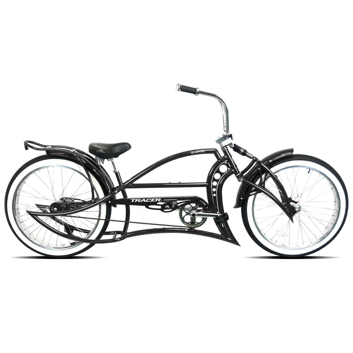 Full side shot of the black Kraken Pro 26" Stretch Chopper Bike Single Speed.