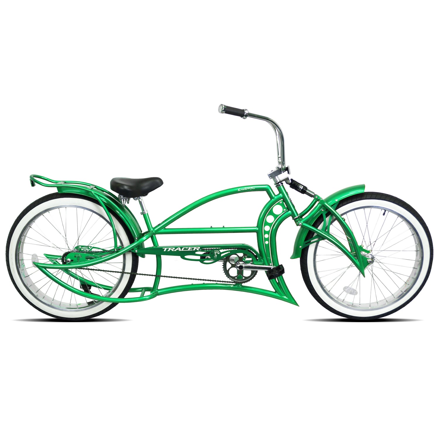 Full view of the green Kraken Pro 26" Single Speed Stretched Beach Cruiser Bike.