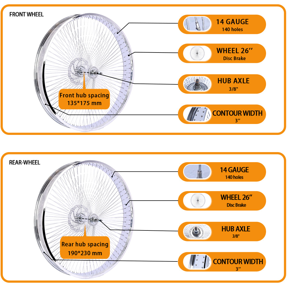 Tracer WH-TH7526140D7-CP Chrome Bike 80mm Rims Wheel Set for 26 inch with 7-speed Disc Brakes Tracer Bikes