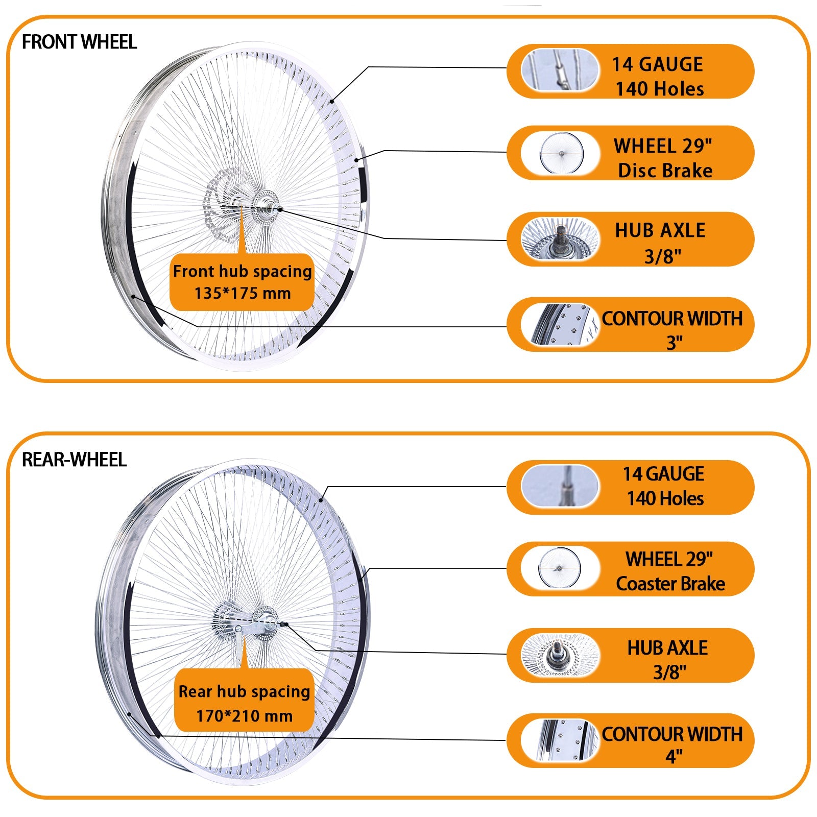 Tracer WH-TH9529140C-CP 29"*3" 29"*4" Mirror Chrome Bike Wheel Set with Coaster Brake Tracer Bikes