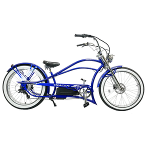 Full view of the blue Legend GT7 1000W Stretch Cruiser Chopper Bike's overall design language.