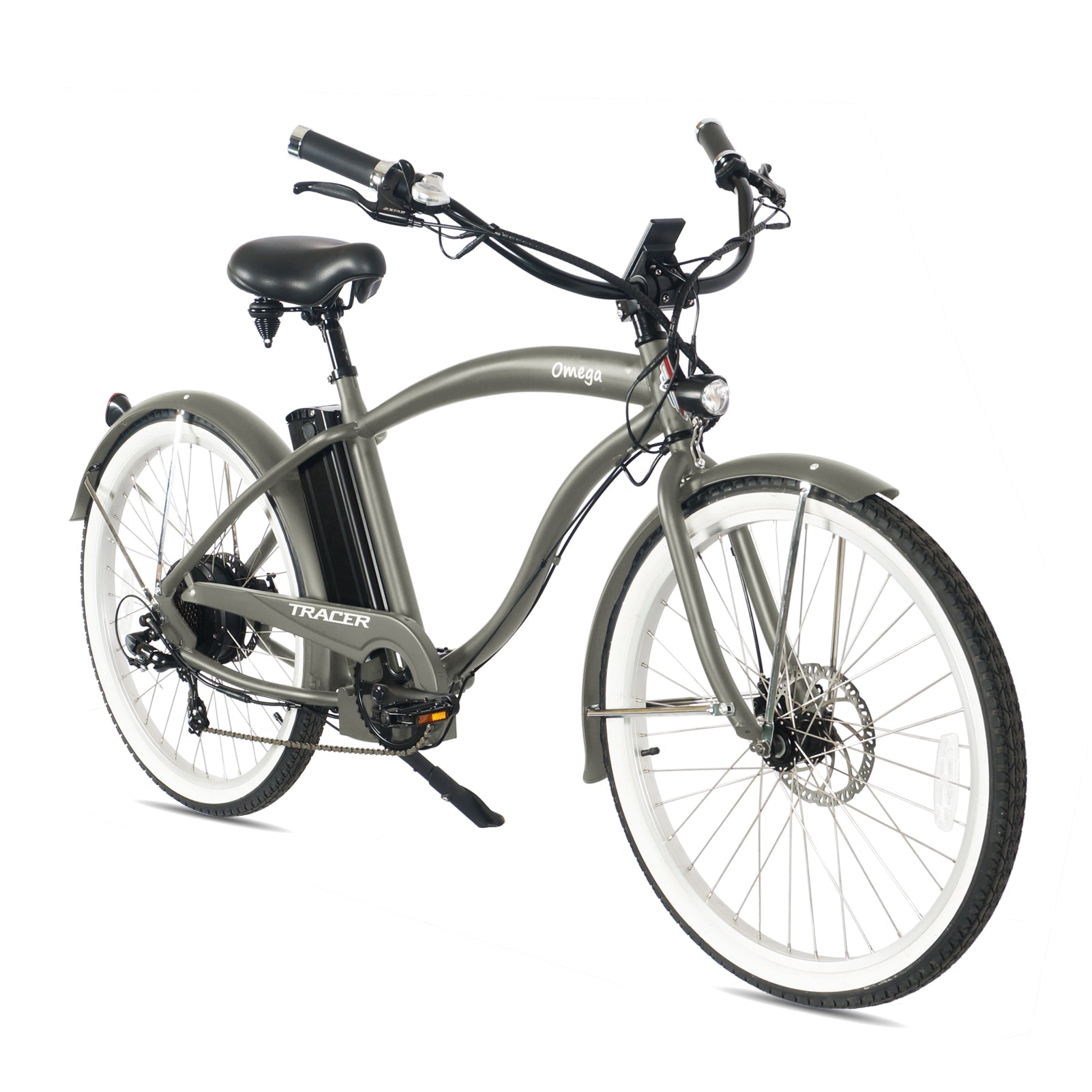 men electric bicycle Tracer OMEGA 26" 7 Speed Electric Beach Cruiser Bike for Men 500W Blue