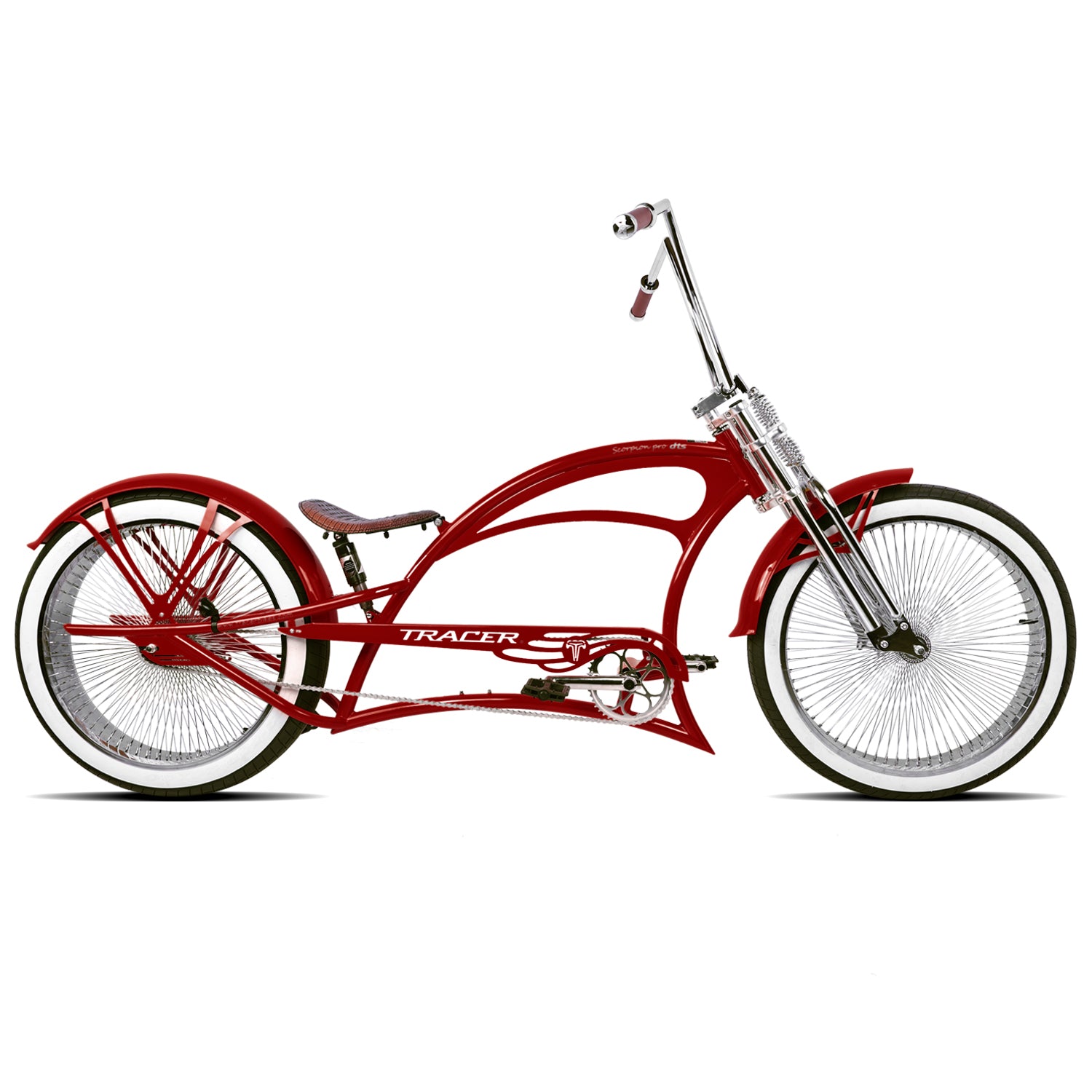 Scorpion Pro DTS 26” Stretch Chopper Cruiser Bicycle in vibrant red with chrome accents and FAT white wall tires.
