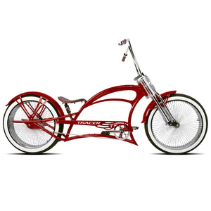 Scorpion Pro DTS 26” Stretch Chopper Cruiser Bicycle in vibrant red with chrome accents and FAT white wall tires.