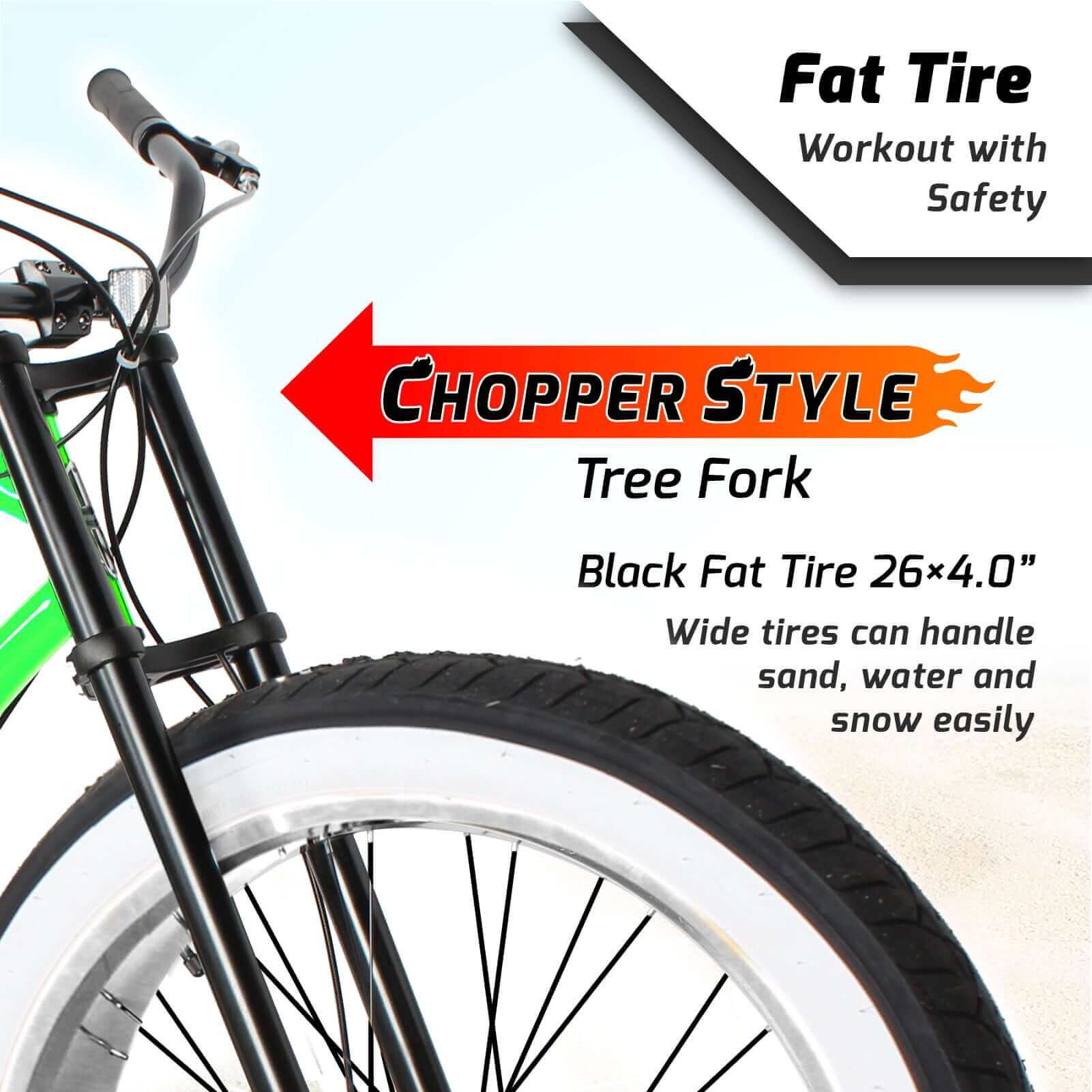 Tracer Siena 26'' Chopper Stretch Cruiser Fat Tire Bike 1 Speed/7 Speed fork and tire feature intro.