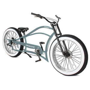 Front-side view of Tracer Siena 26'' Chopper Stretch Cruiser Bike,showcasing its bold, chopper-inspired frame and fat tires.