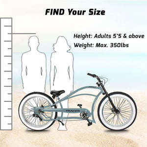 Tracer Siena 26'' Chopper Stretch Cruiser Fat Tire Bike 1 Speed/7 Speed, rider size guide.