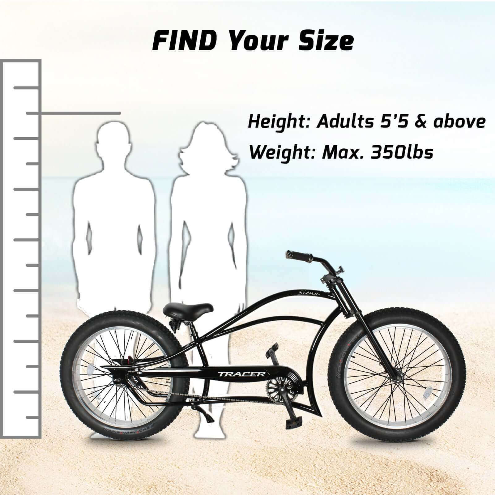 Tracer Siena 26'' Stretch Fat Tire Beach Cruiser Bike 1 Speed/7 Speed Size Guide for Adults.