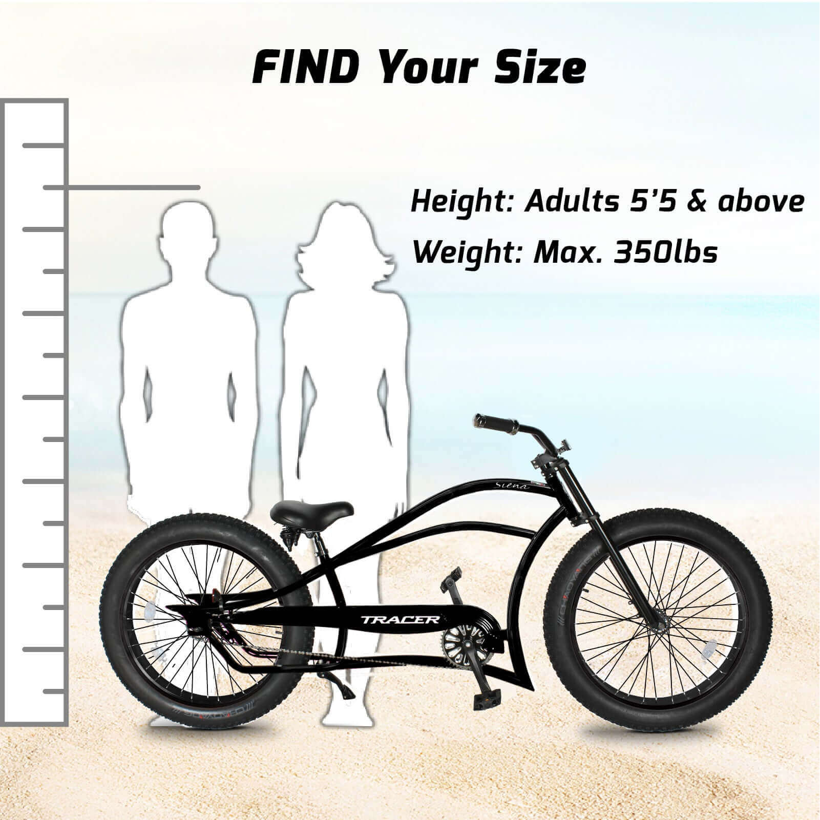 Tracer Siena 26'' Chopper Stretch Cruiser Fat Tire Bike Available 1 Speed/7 Speed