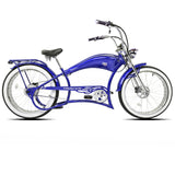 Side view of the blue Twenty5 800W Chopper Stretch cruiser ebike.