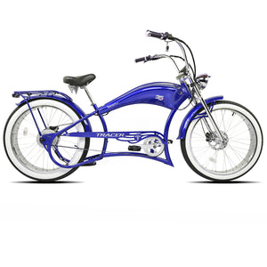 Side view of the blue Twenty5 800W Chopper Stretch cruiser ebike.
