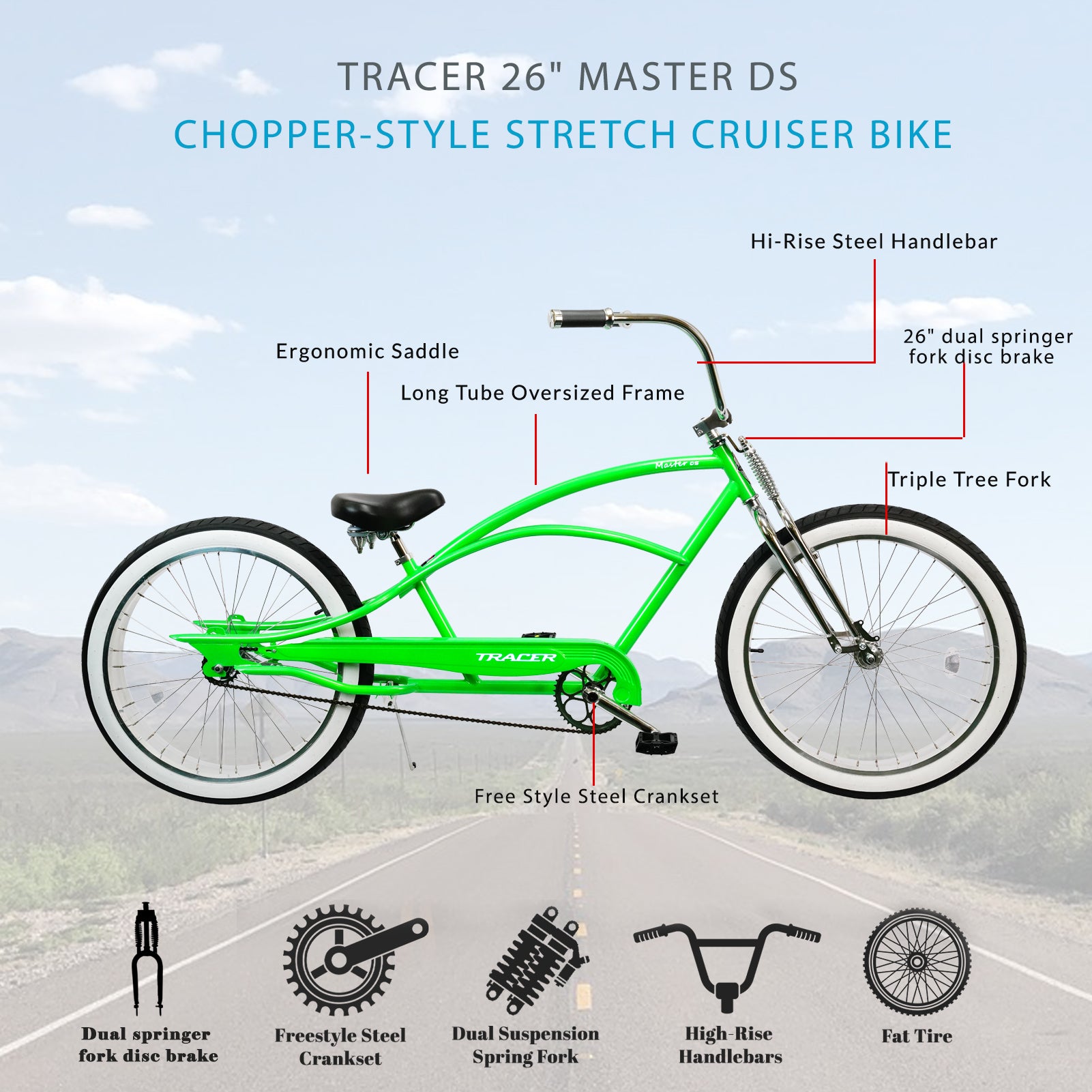 Tracer Master DS 26" Dual Springer Chopper Stretch Beach Cruiser Bike